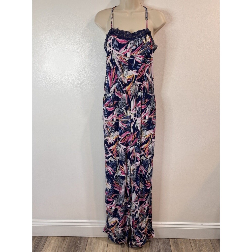 Laundry Shelli Segal Jumpsuit 10 / L Tropical Floral Satin Lace Straight Leg